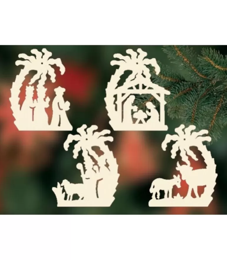 Flash Sale 4 Crèches De Noël Sous Un Palmier A Suspendre Au Sapin - Set N° 23 Décorations En Bois Pour Sapin De Noël