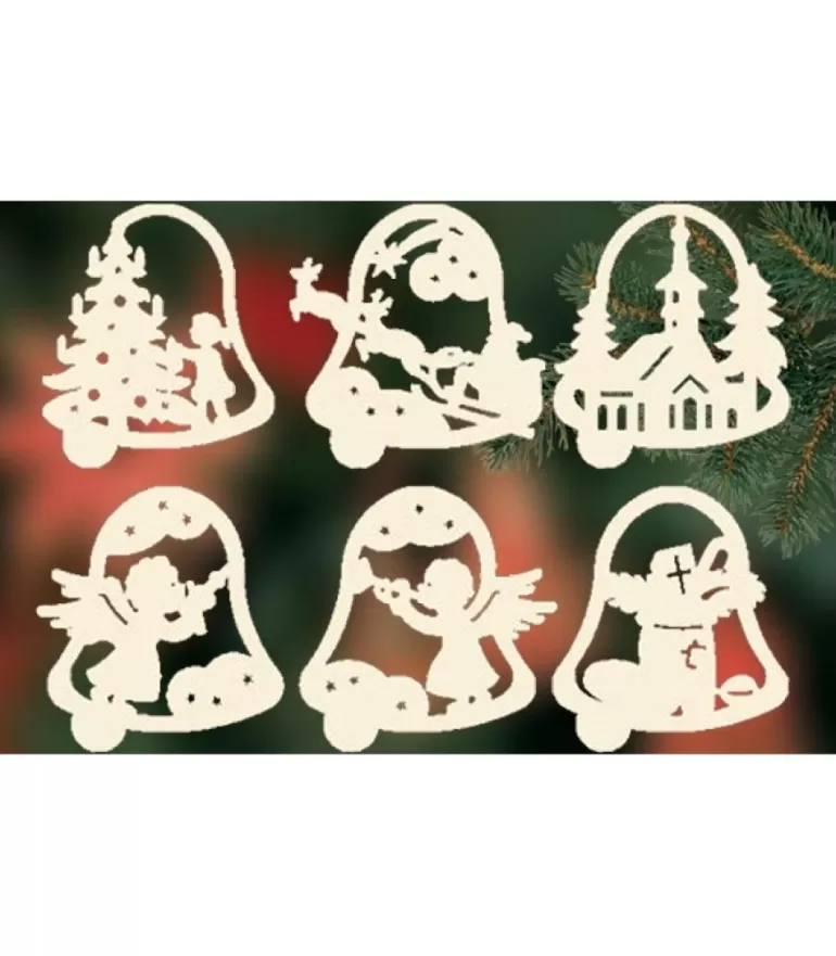 Store 6 Clochettes De Noël En Bois Avec Motifs - Set N° 19 Décorations En Bois Pour Sapin De Noël