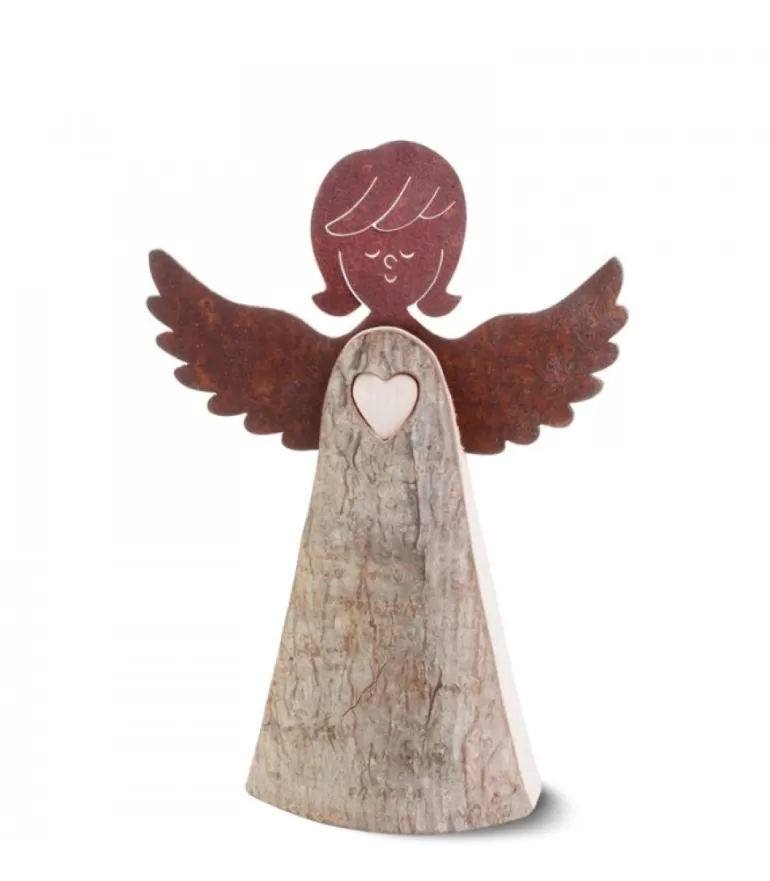 Hot Ange En Bois Avec Coeur Et Ailes Metal, 15,5 Cm Anges De Noël En Bois