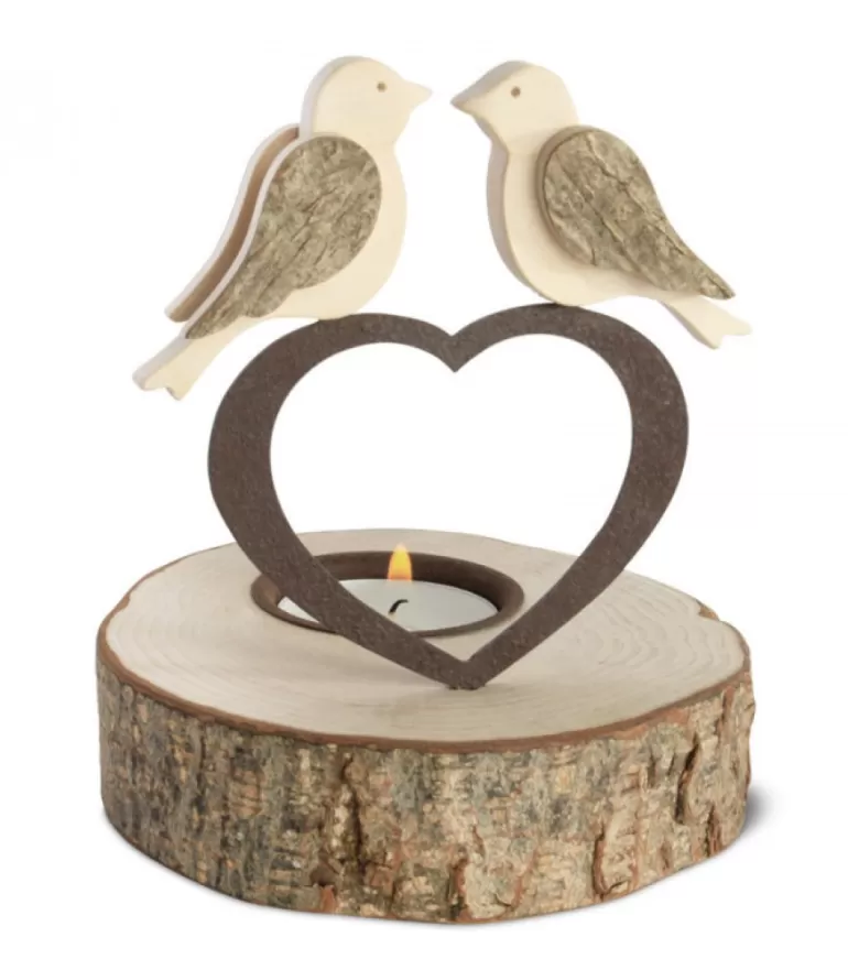 Clearance Bougeoir En Bois, 2 Oiseaux Sur Un Coeur, 13 Cm Bougeoirs En Bois
