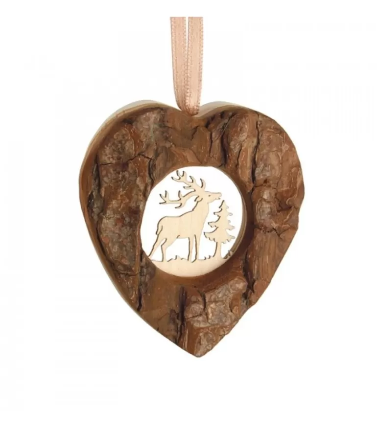Store Coeur En Bois A Suspendre Motif Cisele Cerf, 6 Cm Décorations En Bois Pour Sapin De Noël