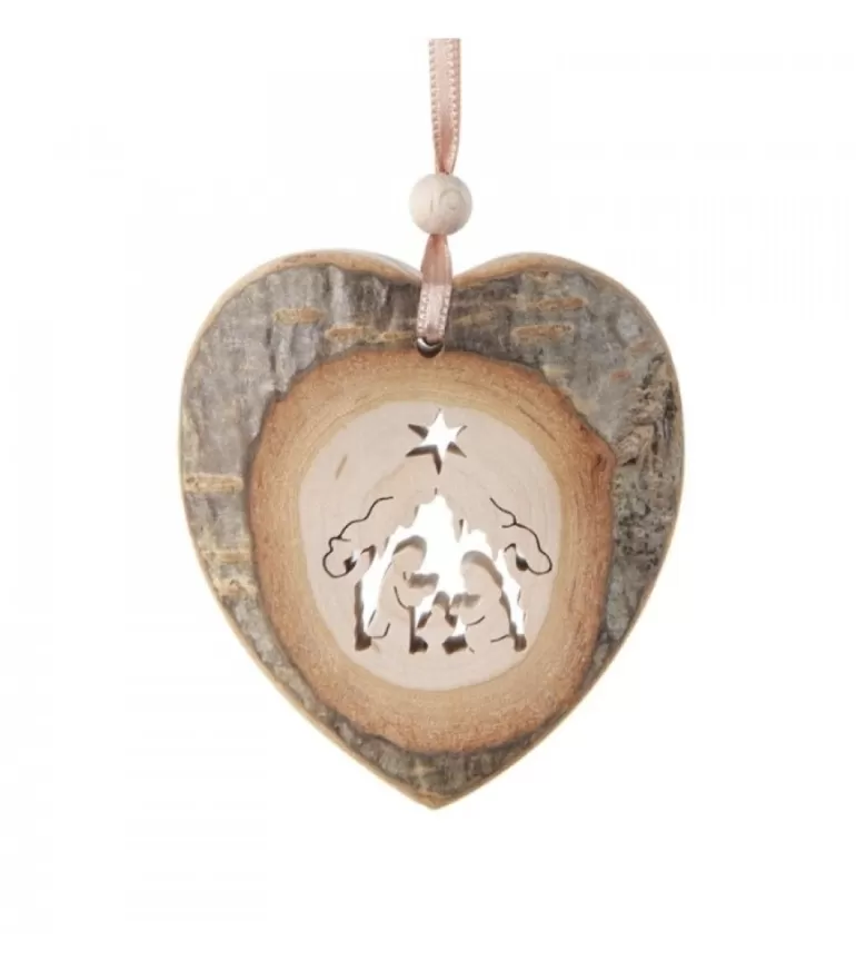 Sale Coeur En Bois A Suspendre Motif Cisele Crèche, 7 Cm Décorations En Bois Pour Sapin De Noël