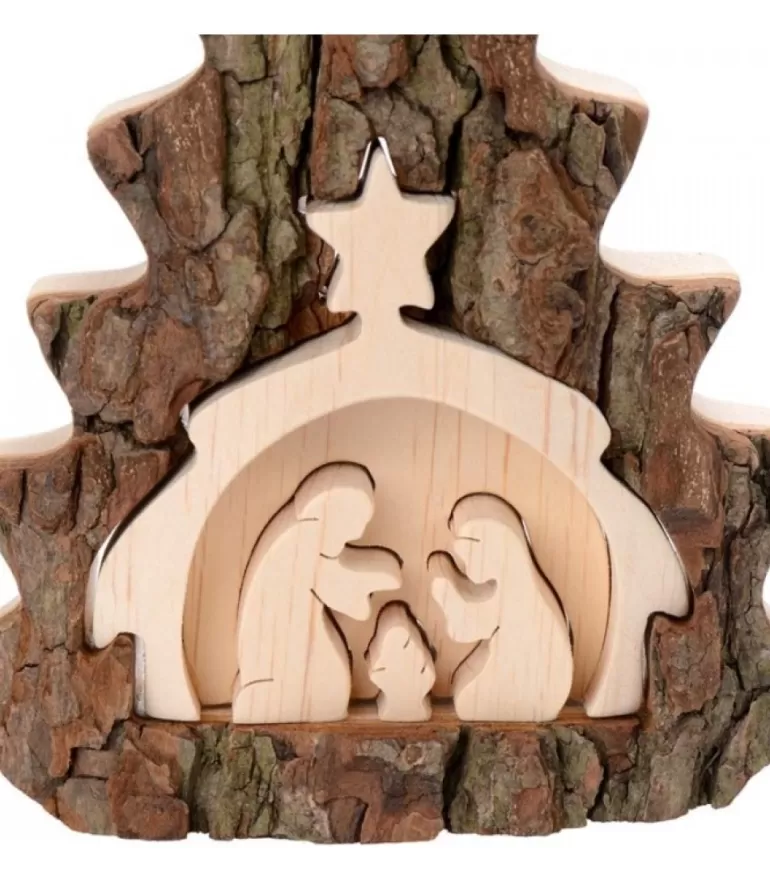 Cheap Crèche De Noël 16 Cm, Taillee Dans Une Ecorce De Bois En Forme De Sapin Crèche De Noël Artisanale