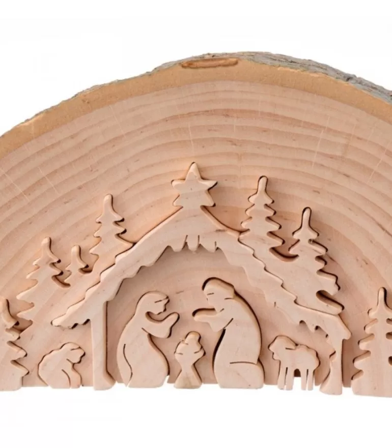 Fashion Crèche De Noël En Relief, Taillee Dans Un Rondin De Bois, 15 Cm Crèche De Noël Artisanale