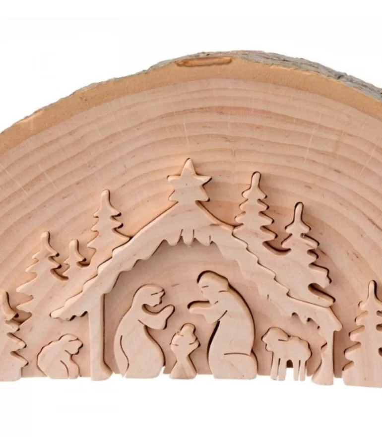 Fashion Crèche De Noël En Relief, Taillee Dans Un Rondin De Bois, 15 Cm Crèche De Noël Artisanale