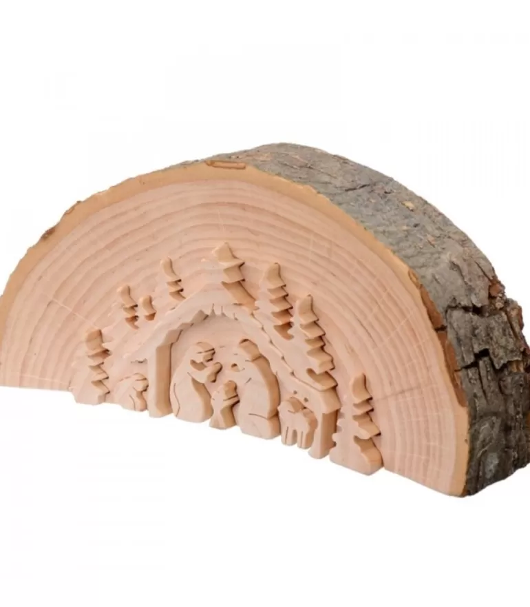 Fashion Crèche De Noël En Relief, Taillee Dans Un Rondin De Bois, 15 Cm Crèche De Noël Artisanale