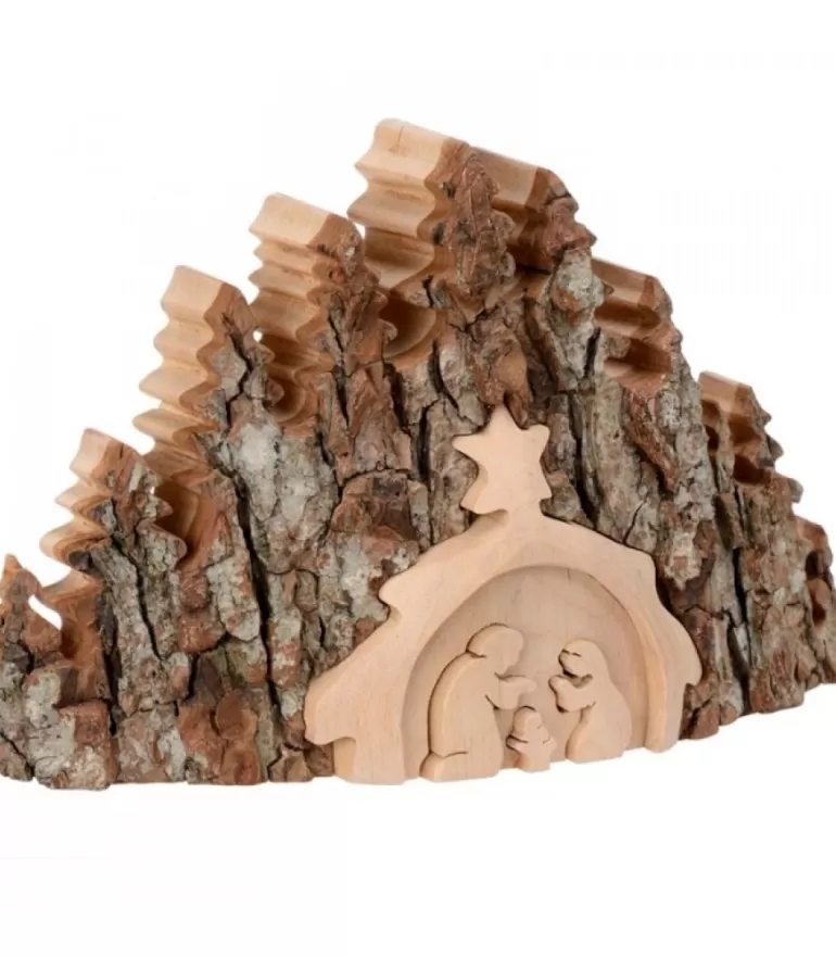Best Sale Crèche De Noël Taillee Dans Une Ecorce De Bois, Motif Etable, 20 Cm Crèche De Noël Artisanale