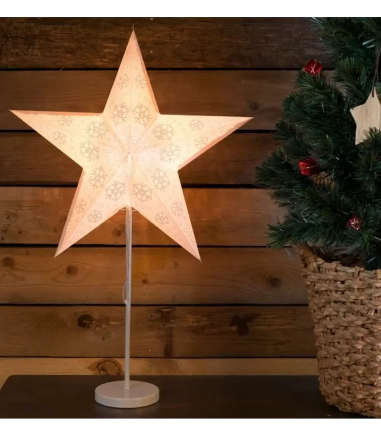Store Etoile Lumineuse Electrique 5 Branches En Papier, Blanche, Sur Pied Blanc, 46 Cm Etoile Lumineuse
