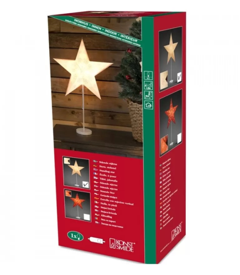 Store Etoile Lumineuse Electrique 5 Branches En Papier, Blanche, Sur Pied Blanc, 46 Cm Etoile Lumineuse
