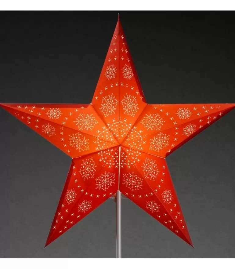 Clearance Etoile Lumineuse Electrique 5 Branches En Papier, Rouge, Sur Pied Blanc, 46 Cm Etoile Lumineuse