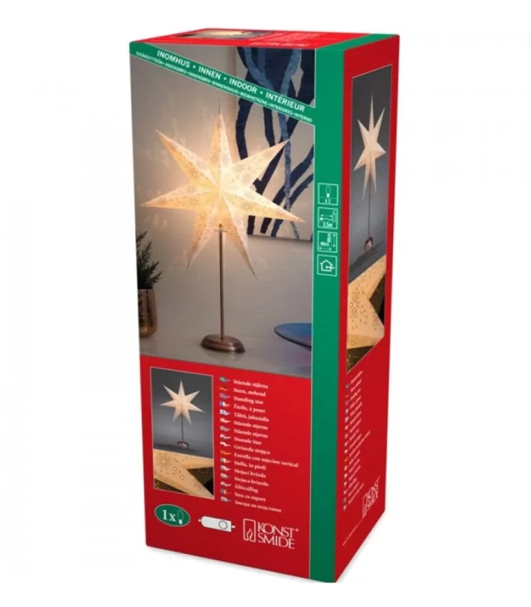 Sale Etoile Lumineuse Electrique 7 Branches En Papier, Blanche, Sur Pied Cuivre 48 Cm Etoile Lumineuse