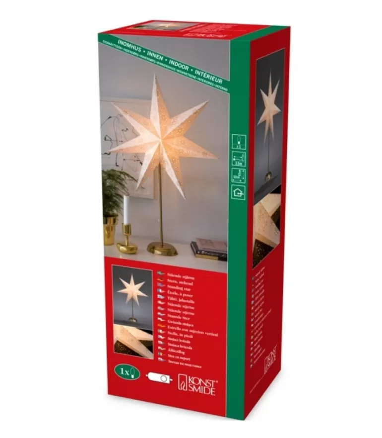 Store Etoile Lumineuse Electrique 7 Branches En Papier, Blanche, Sur Pied Laiton, 48 Cm Etoile Lumineuse