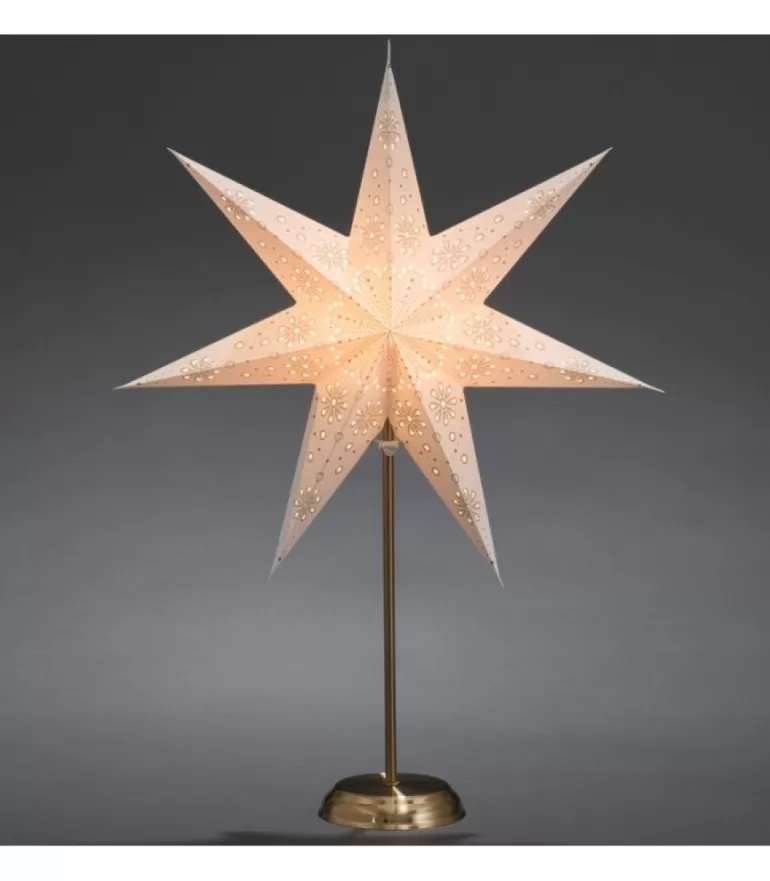 Store Etoile Lumineuse Electrique 7 Branches En Papier, Blanche, Sur Pied Laiton, 48 Cm Etoile Lumineuse