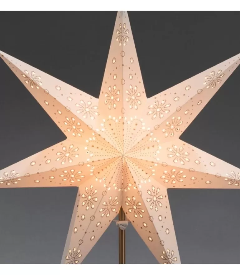 Store Etoile Lumineuse Electrique 7 Branches En Papier, Blanche, Sur Pied Laiton, 48 Cm Etoile Lumineuse