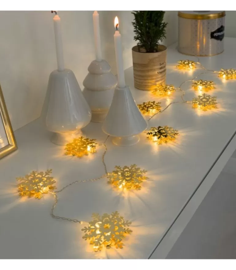 Discount Guirlande Lumineuse Décorative A Led, Flocons De Neige Metalliques Dores Guirlande Lumineuse Intérieure À Led