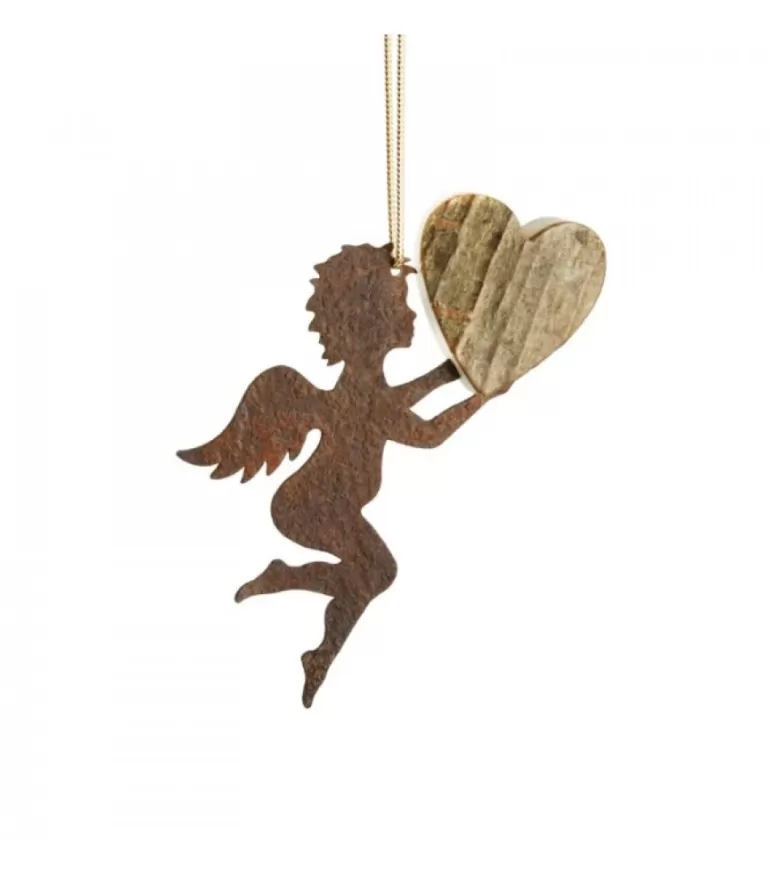 Store Petit Ange En Metal A Suspendre Et Coeur En Bois Anges De Noël Pour Sapin