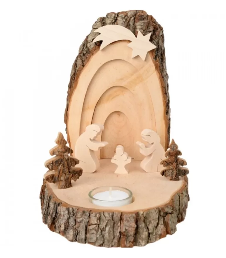 Outlet Petite Crèche De Noël En Ecorce De Bois Avec Sapins Et Bougeoir Crèche De Noël Artisanale