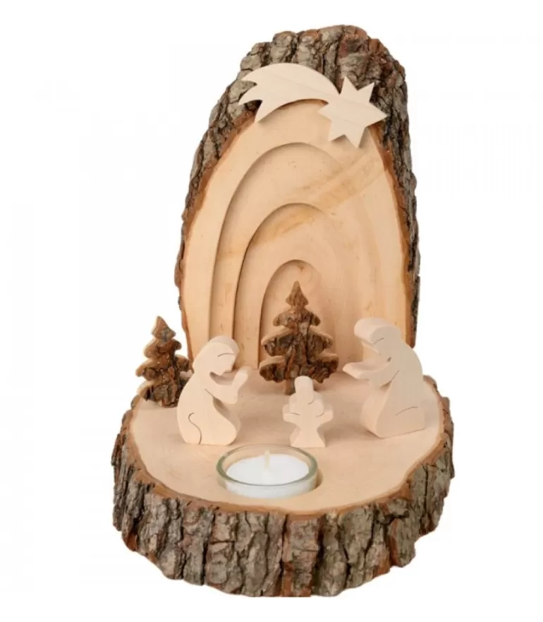 Outlet Petite Crèche De Noël En Ecorce De Bois Avec Sapins Et Bougeoir Crèche De Noël Artisanale