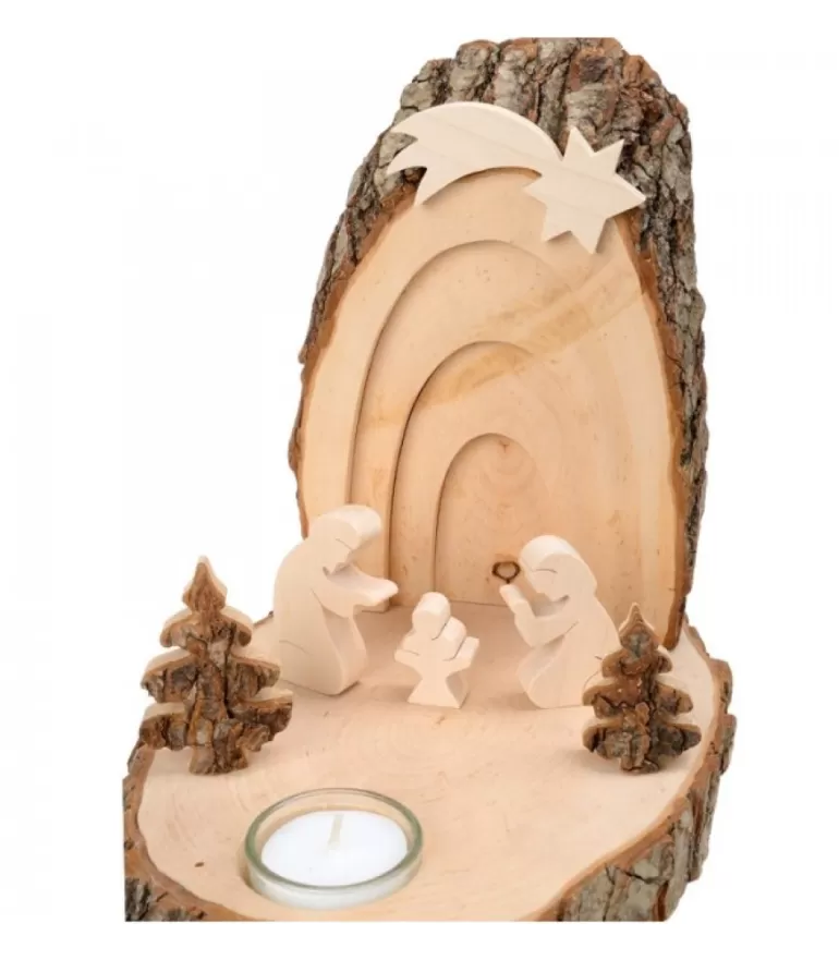 Outlet Petite Crèche De Noël En Ecorce De Bois Avec Sapins Et Bougeoir Crèche De Noël Artisanale