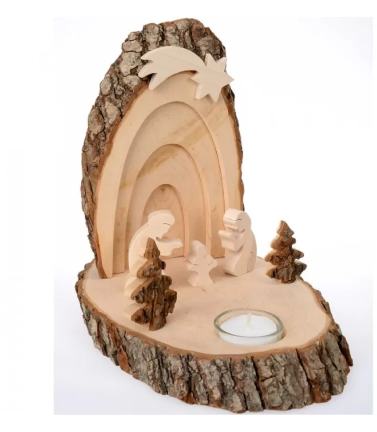Outlet Petite Crèche De Noël En Ecorce De Bois Avec Sapins Et Bougeoir Crèche De Noël Artisanale