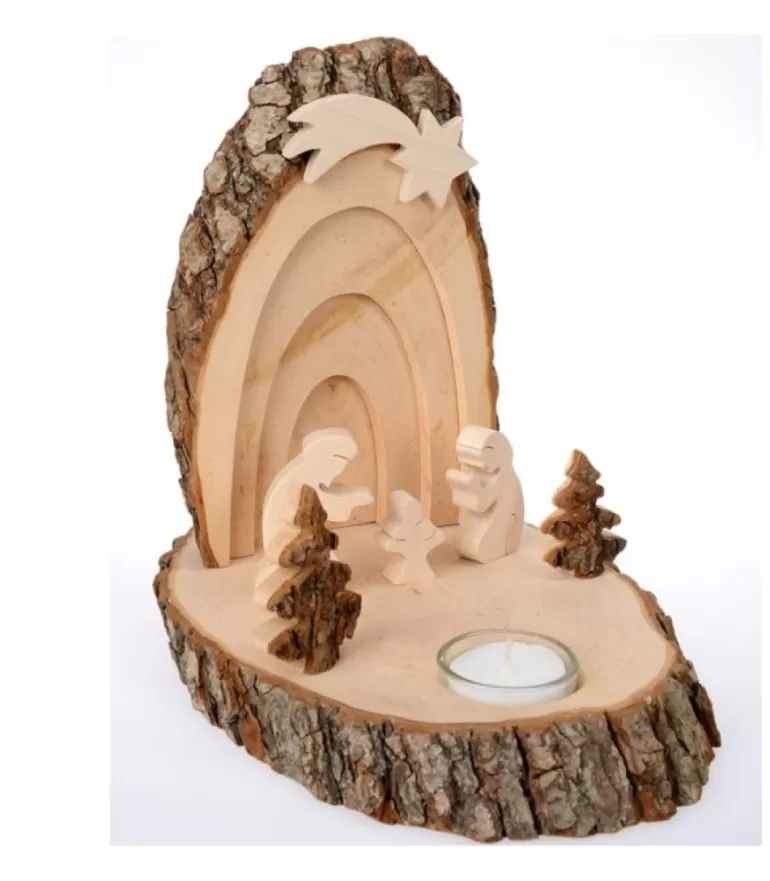 Outlet Petite Crèche De Noël En Ecorce De Bois Avec Sapins Et Bougeoir Crèche De Noël Artisanale