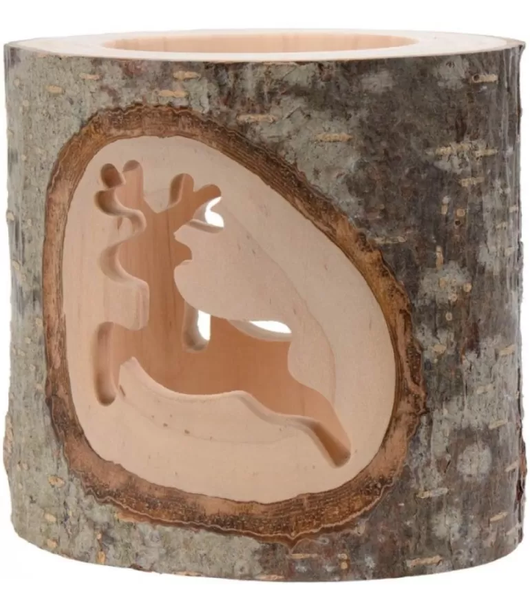 Hot Photophore En Bois Avec 2 Motifs En Bois Cisele, Renne Photophore Bois