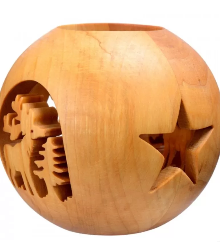 Flash Sale Photophore En Bois Forme Spherique, Motif Cerf En Foret Photophore Bois