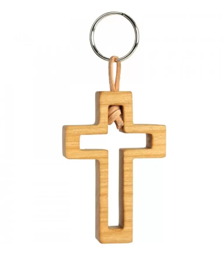 Store Porte Clef En Bois De Cerisier Avec Croix Découpee, 5 Cm Porte-Clés En Bois