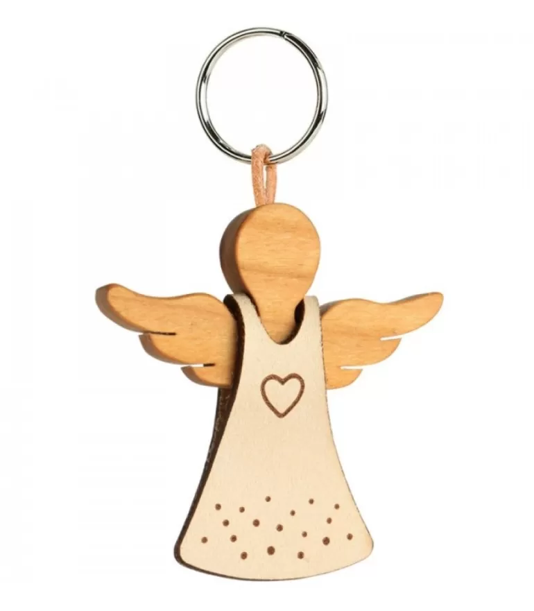 Hot Porte-Cle Ange Avec Coeur Et Robe En Cuir N°1, 5,5 Cm Porte-Clés En Bois
