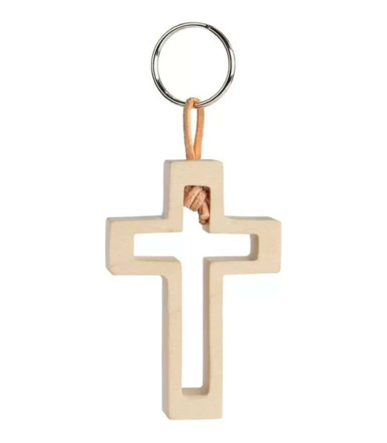 Sale Porte-Clef En Bois Avec Croix Découpee, 5 Cm Porte-Clés En Bois