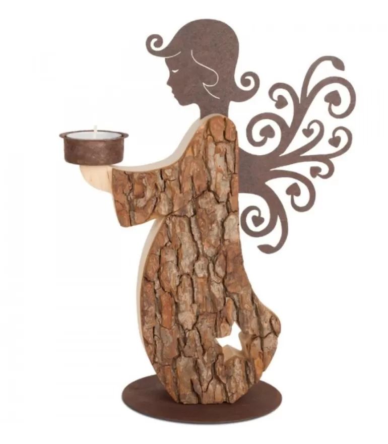 Fashion Statuette Ange De Noël En Bois Avec Bougeoir 27 Cm Anges De Noël En Bois